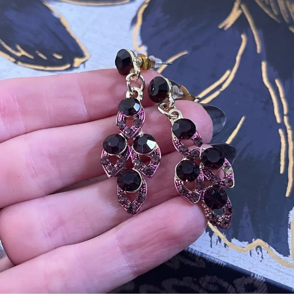 Vintage y2k 00s Elegant Pink Gold and Black Sparkling Crystal Dangle Earrings C2
